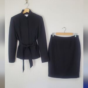 Calvin Klein Black Tweed 2 Piece Skirt Suit Set Pencil Skirt & Belted Jacket